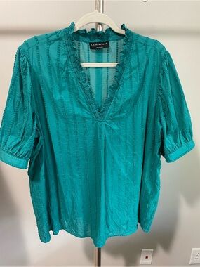 Lane Bryant Teal V-Neck Ruffle Trim Blouse